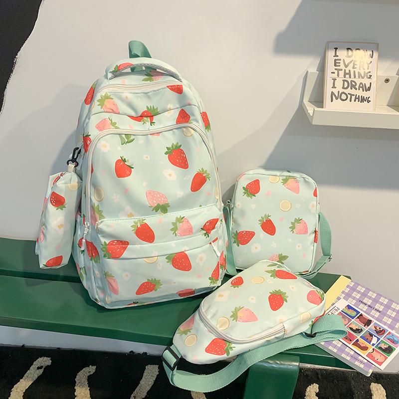 Four-Piece Strawberry Schoolbag Travel Backpack Women's Large Capacity Printed Backpack for Students