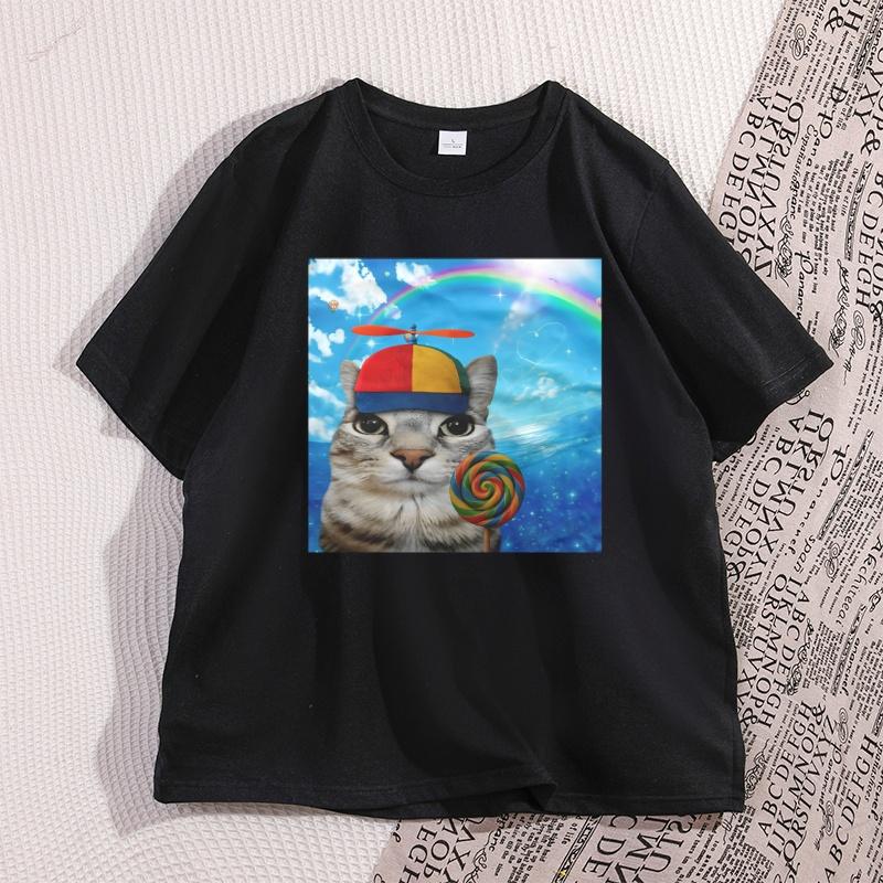 Happy Cat Dreamcore T-shirt Funny Cats Brainrot Meme Tee Silly Kitten Humor Tshirt Casual Cotton Short Sleeve Round Neck Tops