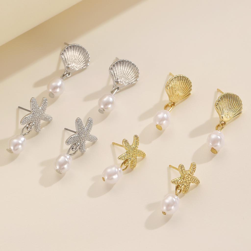 Literary Ocean Style Starfish Stud Earrings For Women Alloy High-Quality Imitation Pearl Drop Beach Jewelry