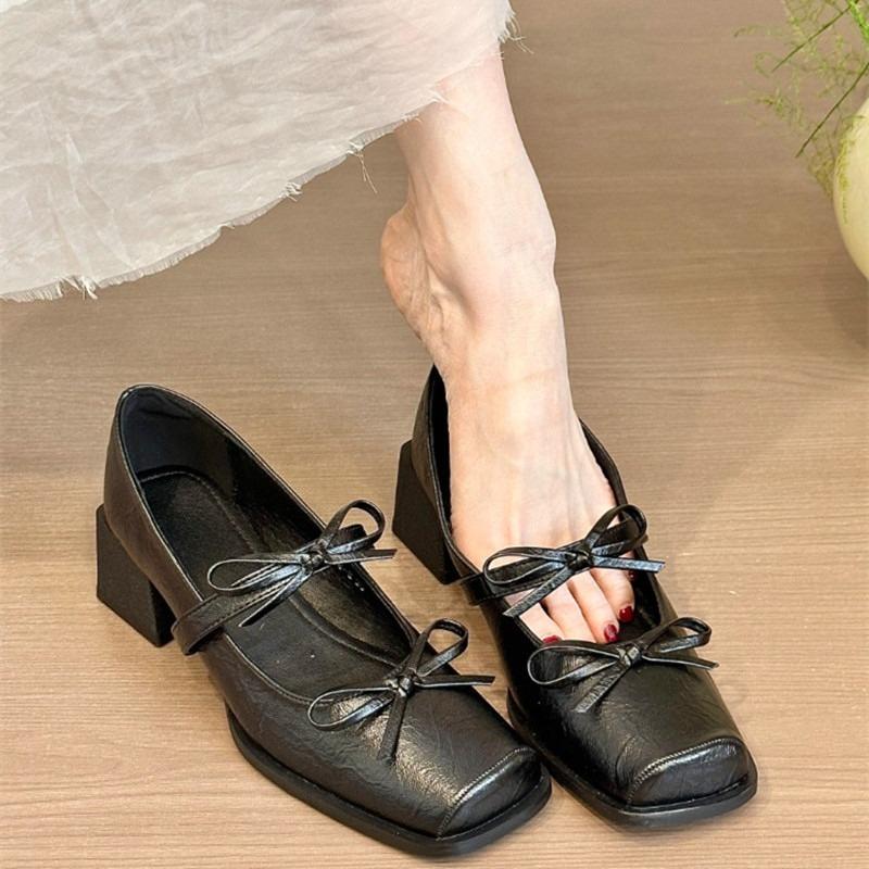 

Fashion Bow Block Heel Single Shoes Autumn New Square Toe Shallow Mouth Slip-on Non-Slip Wear-Resistant Mary Jane Shoes 40