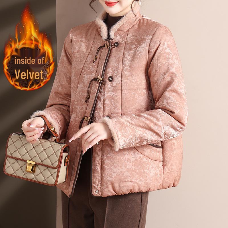 

2025 New Style Women s Chinese Plus Velvet Winter Jacket - Cozy Cotton Coat for Middle-Aged & Elderly 5XL (Recommended 150-165 jin)