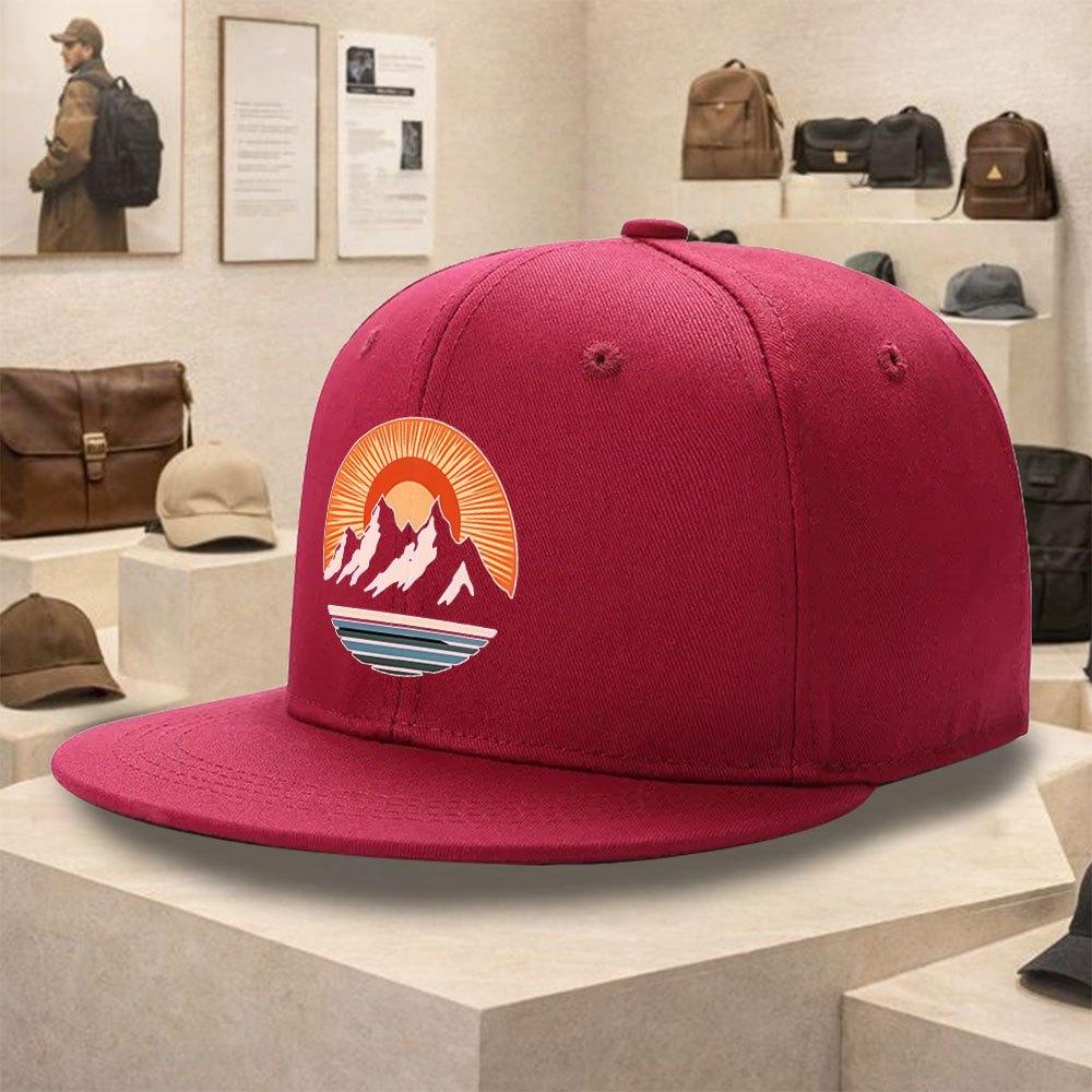 Mountain Sunset Graphic Polyester Baseball Cap Unisex Outdoor Adventure Flat Brim Snapback Hat