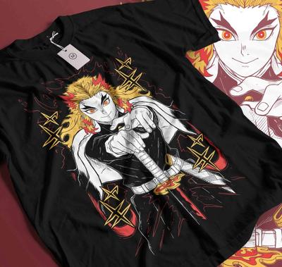 100% Cotton TOPS UNISEX TEES MENS WOMENS Kyojuro Rengoku T-Shirt Kimetsu No Yaiba Anime Demon Slayer Black Shirt 521