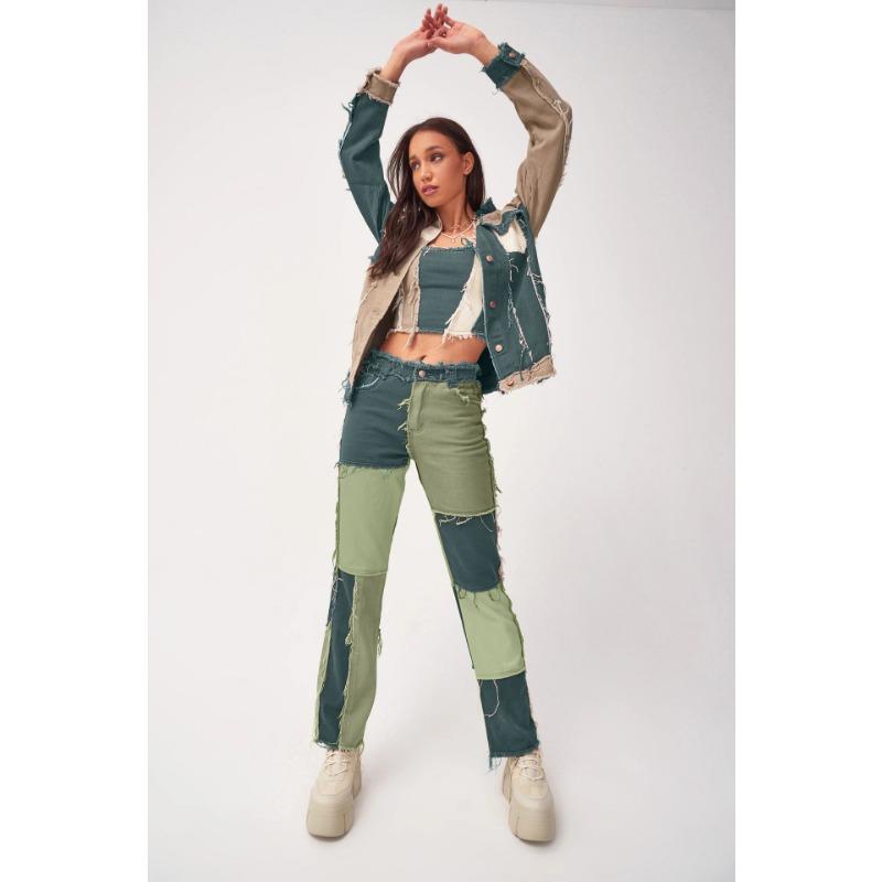 Women's Plus Size Mixed Colour Splicing High Waisted Tight Hip Women's Straight Jeans Trousers