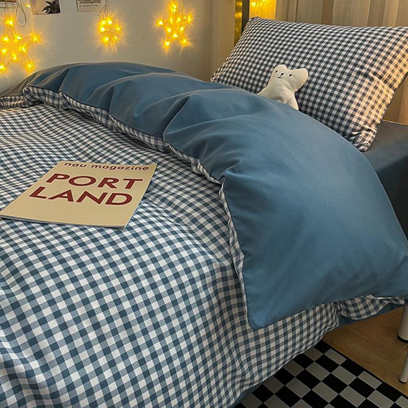 3/4piece Bedding Set Washed Cotton Simple Blue Grid Quilt Cover Sheet Human Bed Sheet Simple Style Bed Linen Bedclothes