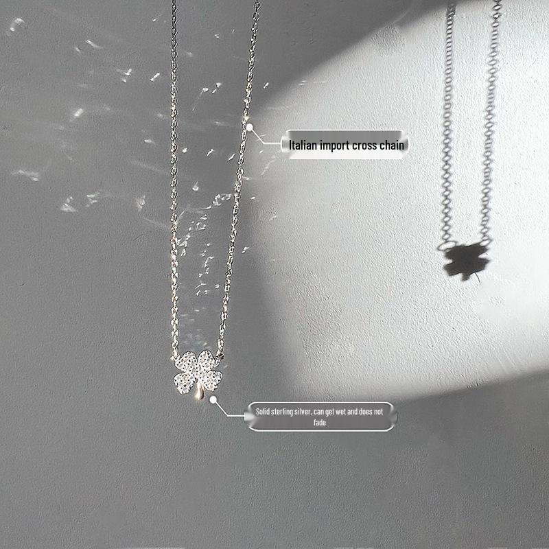 

S925 Sterling Silver Four-Leaf Clover Necklace with Full Diamond Pendant - Elegant Korean Fashion Gift for Her 925 Silver