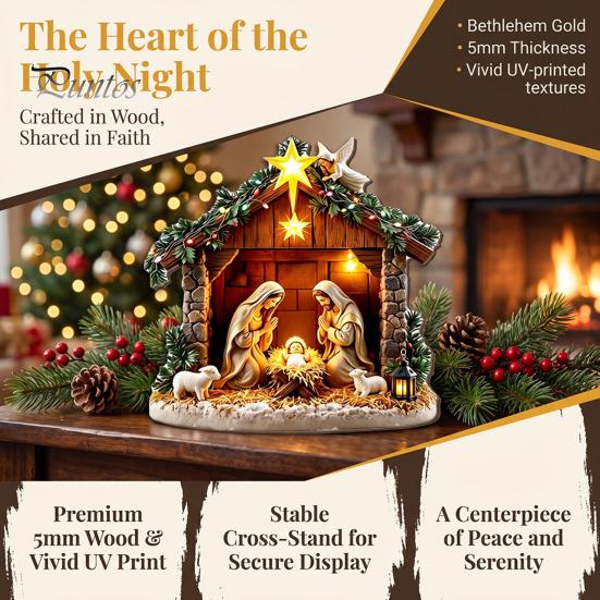 Durable Wood Nativity Set Scene Wooden Tabletop Sign, Christmas Manger Holy Family Figurine Decor, for Table Decor Religious Xmas Desktop Ornament,