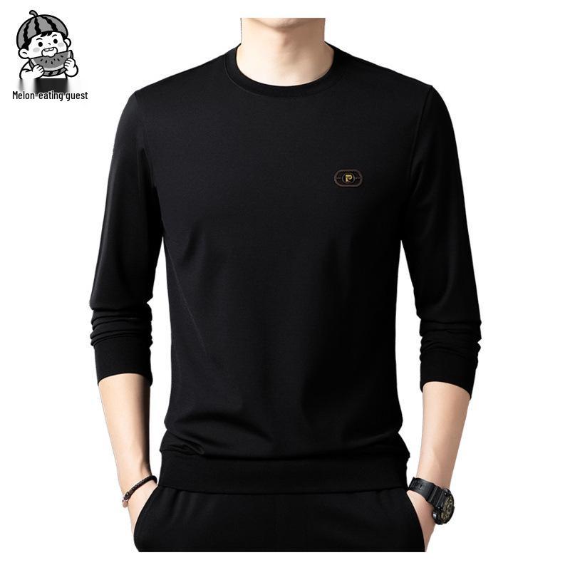 Men's Slim Fit Long-Sleeve T-Shirt, Round Neck, Solid Color, Roma Fabric, Pullover, Printed Sweatshirt