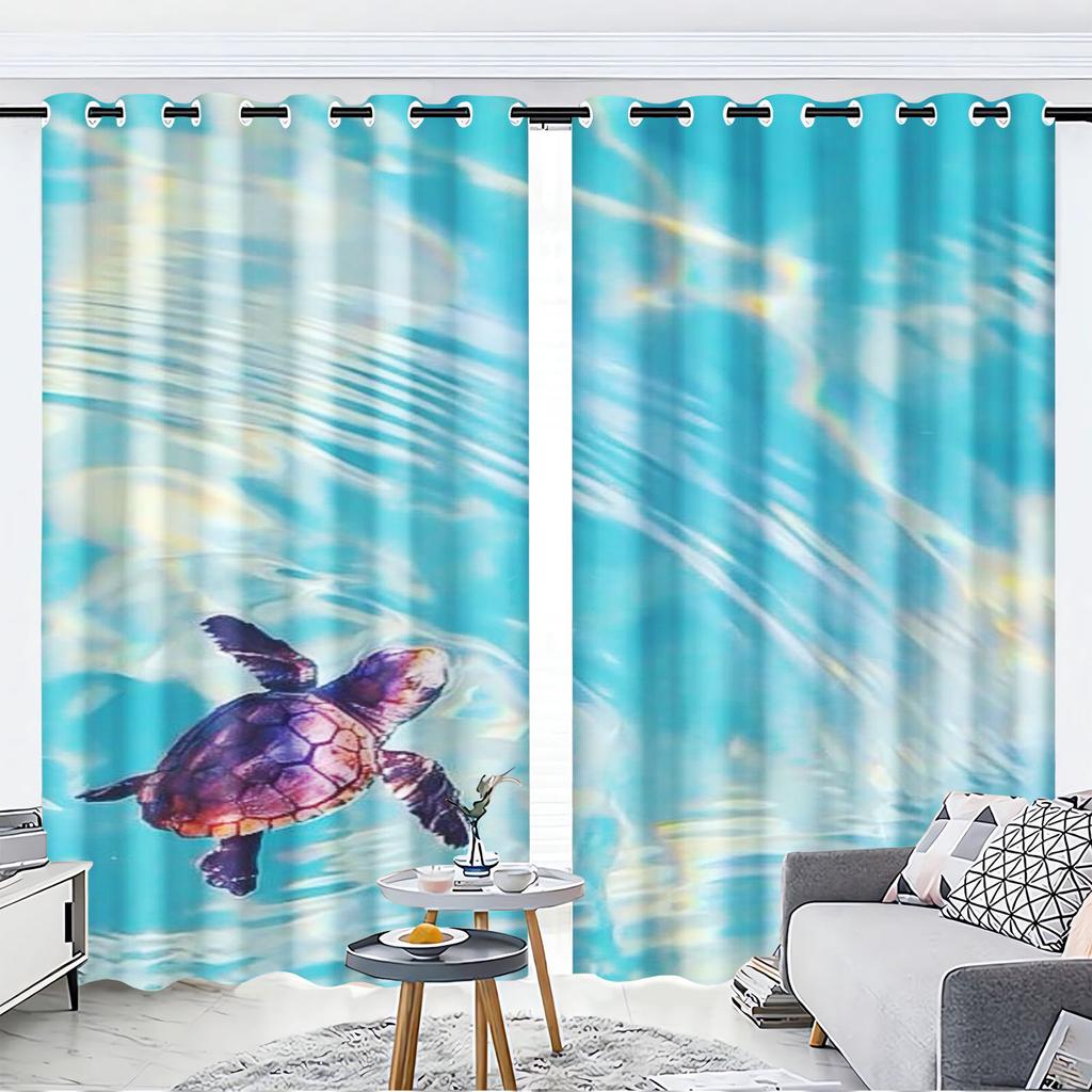 Cartoon Sea Turtles Curtain Sets, Window Decoration, 100% Polyester Shade, Bedroom, Living Room