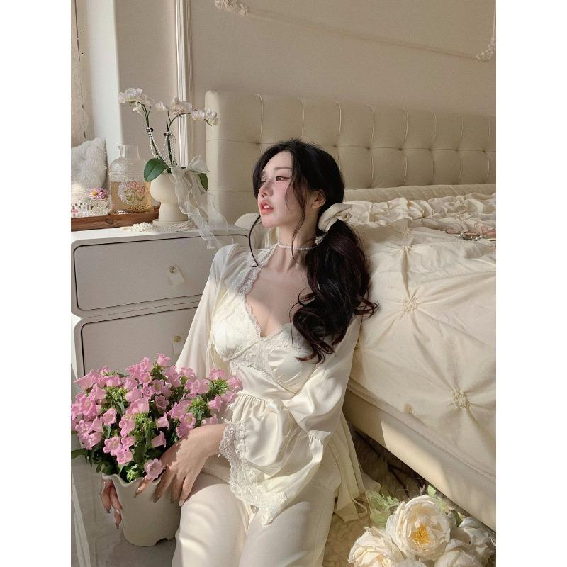 Autumn New Suspender Trousers Pajamas French Sexy Lace Three-piece Loungewear Ice Silk Zhao Ruth Same Style