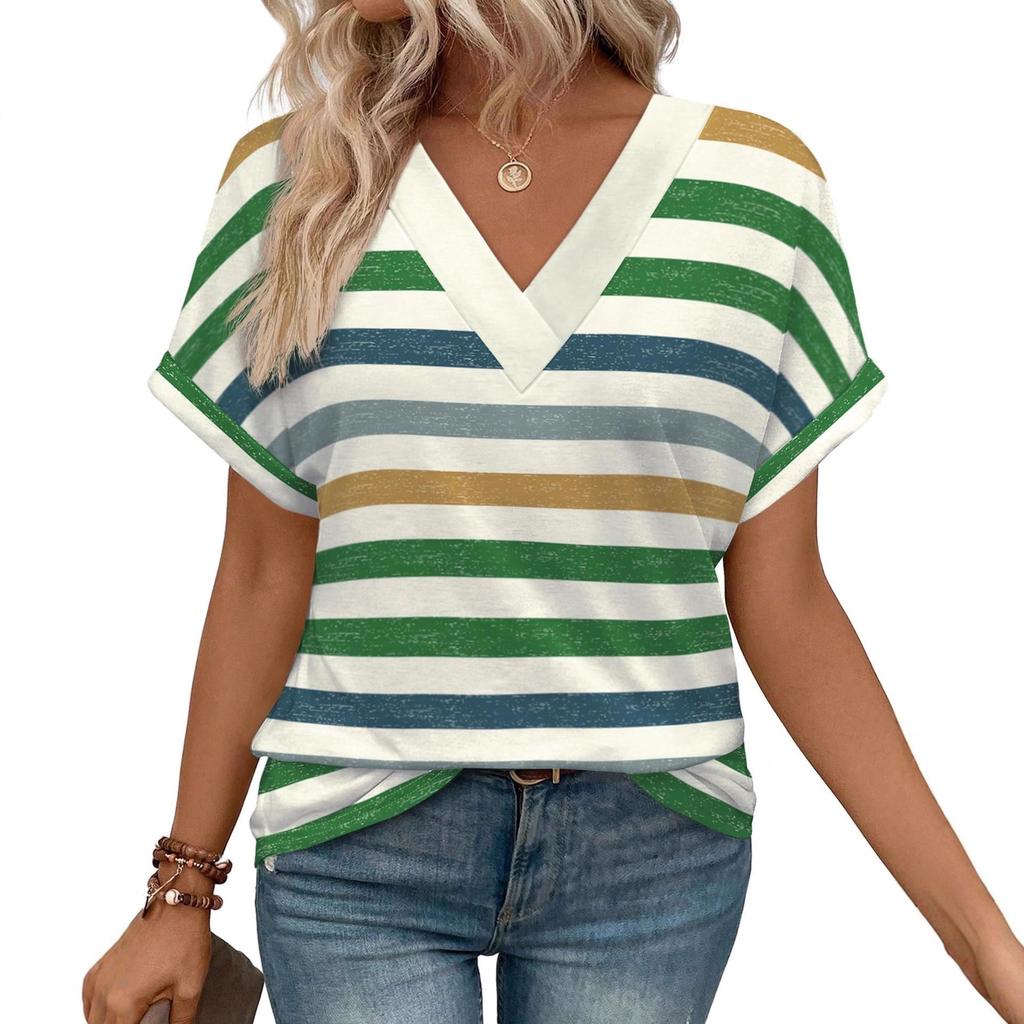 Women's Round Neck Short Sleeve Striped Color Block Loose Fit Casual Print T Shirt Streetwear Top