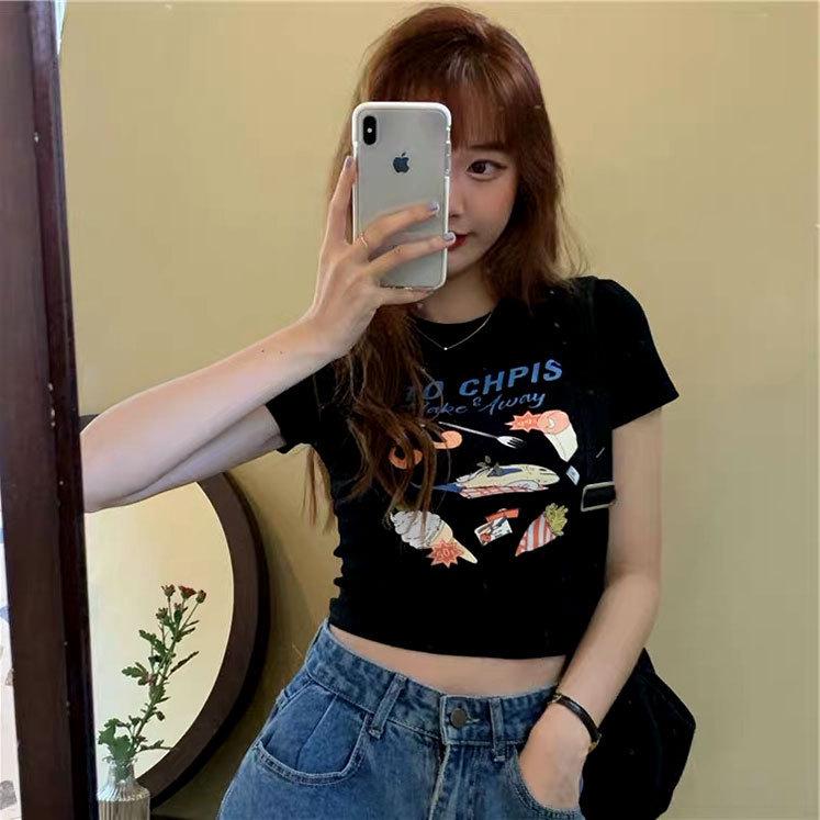 High-Waist Cropped T-Shirt, Slim Fit, Korean Style, 2022 Summer Chic, Short Sleeve