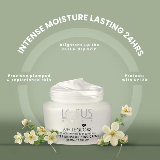 Crème Hydratante Profonde WhiteGlow de Lotus Herbals, SPF 20, Crème pour le Visage pour Peau Sèche, 60g