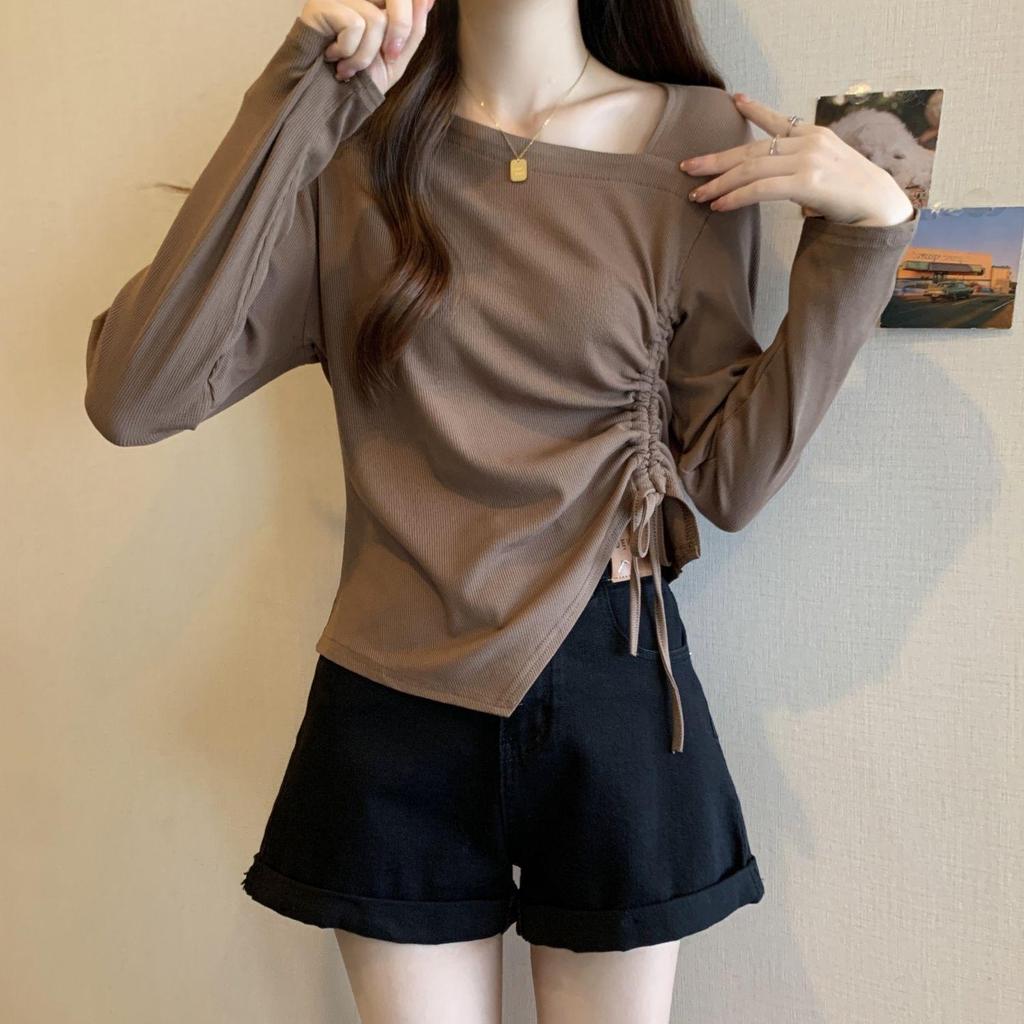 Damen Übergröße Langarm Oberteil mit quadratischem Ausschnitt und Raffungen - Schlankmachender koreanischer Stil Herbstmode