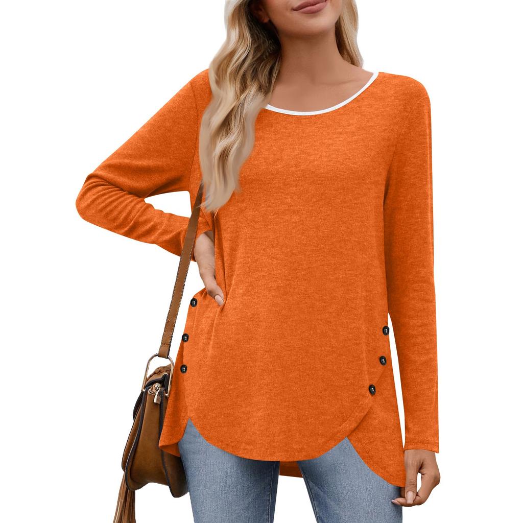 Women's Fashion Casual Solid Color Round Neck Long Sleeve Button Tops On Both Sides