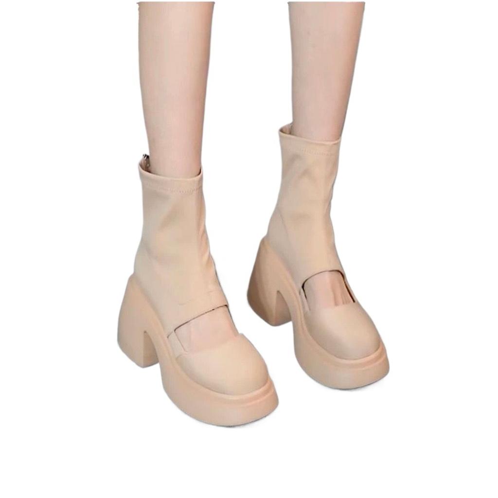 Thin elastic thin boots round head thick heel thick sole waterproof table spring short boots hollow Martin boots women