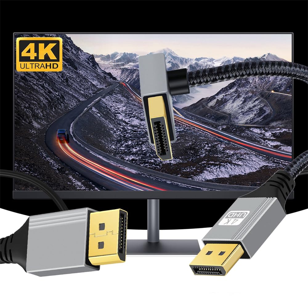 NFHK 2M Abgewinkelt DisplayPort DP zu DP 4K Silber Ultra HD UHD 90 für und Grafikkarten Kabel, 60Hz, Gesleevt, Grad, Desktops, Laptops, Monitore,