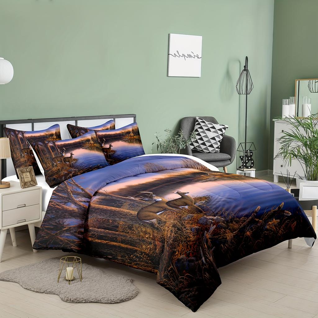 Comforter 2/3-Pcs Digital Printed Deer 3D Bedroom Machine Washable Bedding Set Super Soft Suitable For All Seasons