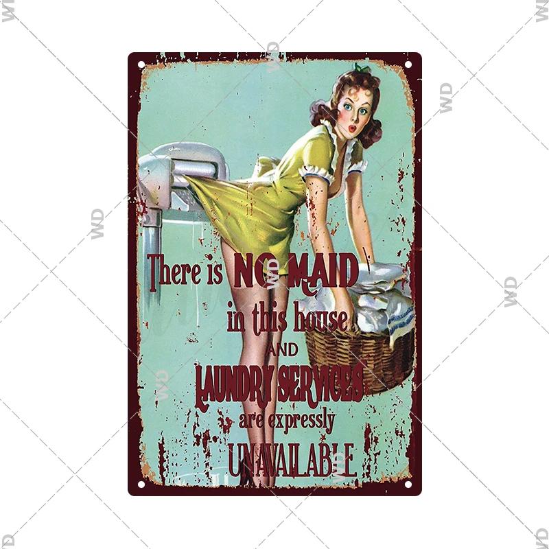 Laundry Vintage Tin Sign Funny Metal Plaque Pin Up Girl Retro Plate Wall Art Painting for Home Room Washroom Posters Decor
