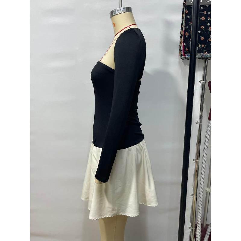 Elegant Fashion Square Collar Splicing A Line Short Dress New Long Sleeve Slim Fit Sexy Party Dress Women Vintage Party Club Sweet Dresses 2683