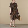 Summer Cotton Hemp Art Retro Loose Short Sleeve Knee Over Dress for Women