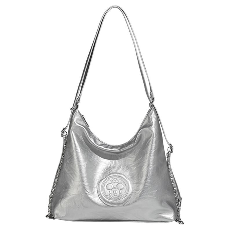 New Disney Mickey Series PU Double Shoulder Crossbody Tote Handbag, Shoulder Bag Large Women's Black/Silver/Cream White BMK-71278-2