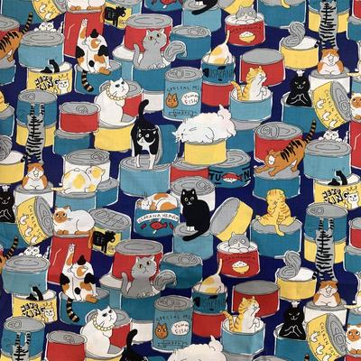 Cotton Cute Cat Print Fabric for Handmade and 150cm Plain Weave Navy 100% Patchwork, Clothes, Crafts, Wide, (Dark Background, 200cm)