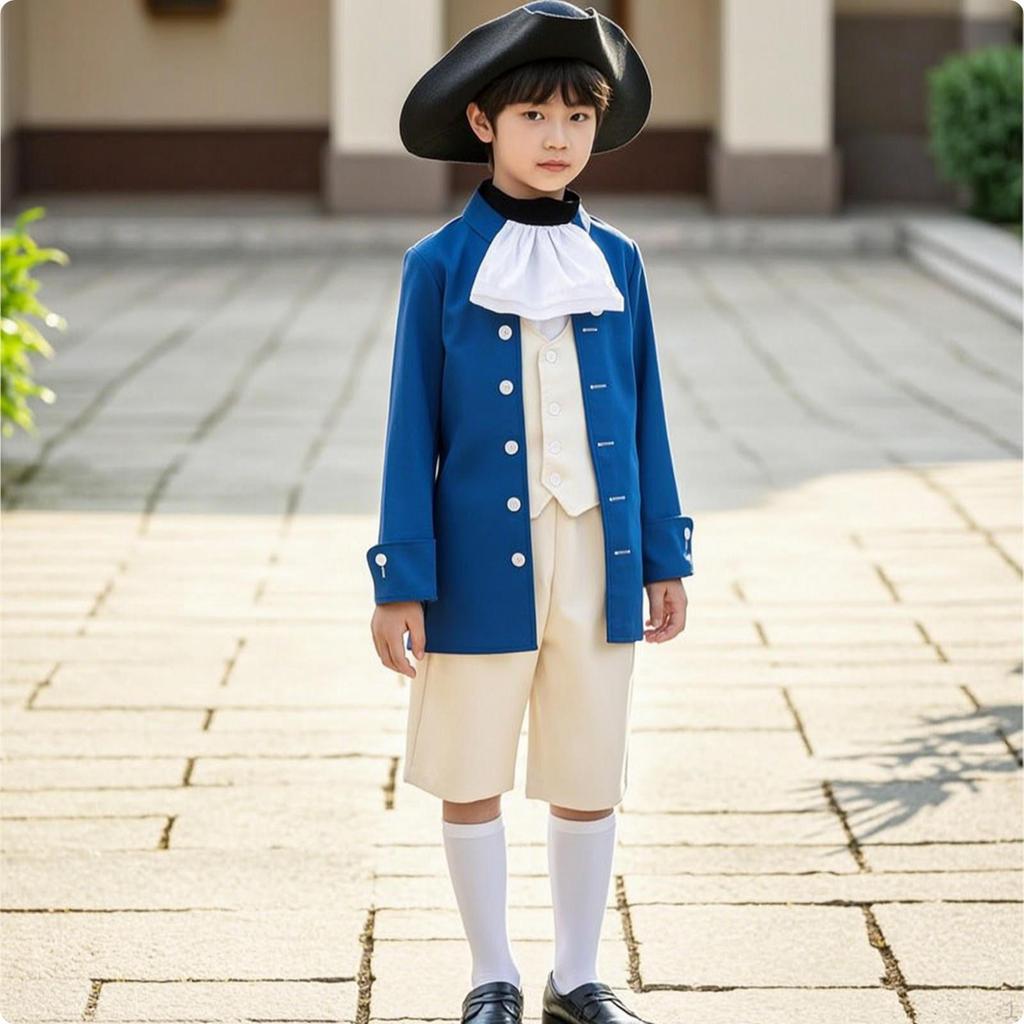 Colonial Costume Theatrical Historical with Hat Layered Period Dressing Up Set for Kids,