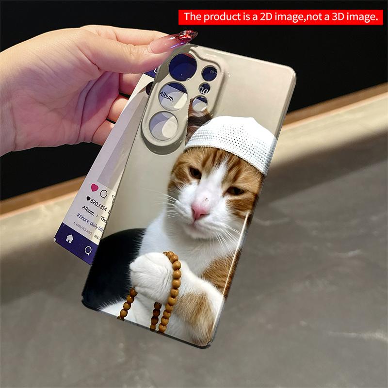2DFlat Samsung phone case Cat in White Cap Holding Beads Phone Case Applicable to Galaxy S22 S23 S24 S25ULTRA S26 A12 A13 A14 A15 A16
