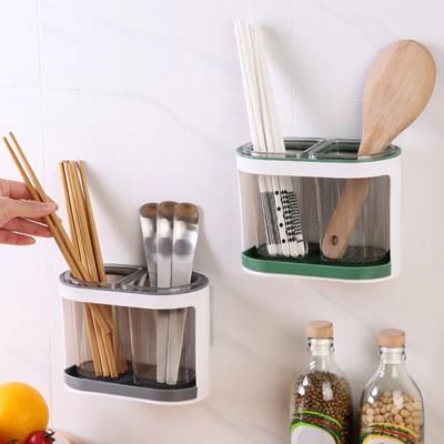 Yousheng Utensil Holder Cutlery Drainer Two-compartments Transparent Wall Mounted Chopsticks Holder Spoon Fork Drain Storage Rack Organizer