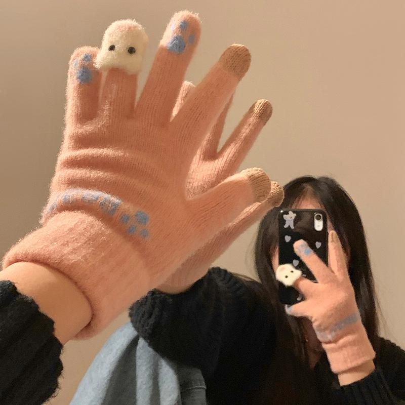 

Winter plush knitted five-finger gloves women s autumn and winter warm thickened student cycling can be windproof and cold Korean version one size fits all рожевий