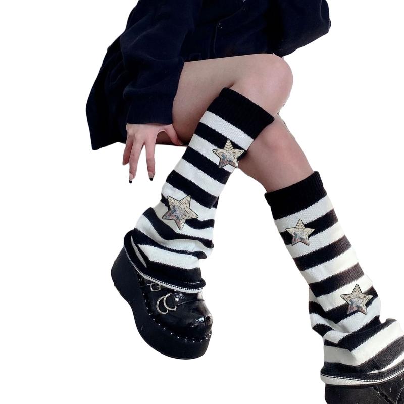Harajuku Women Autumn Leg Warmers Socks Japanese Gothic Striped Sequins Stars Knitted Long Socks Punk Baggy Foot Covers