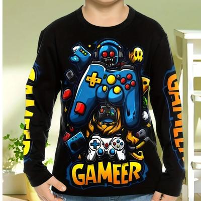 Spring and Autumn Round Neck 3D Gamepad Pattern Printed Top Fashionable Casual Long Sleeved Children's Boy T-shirts