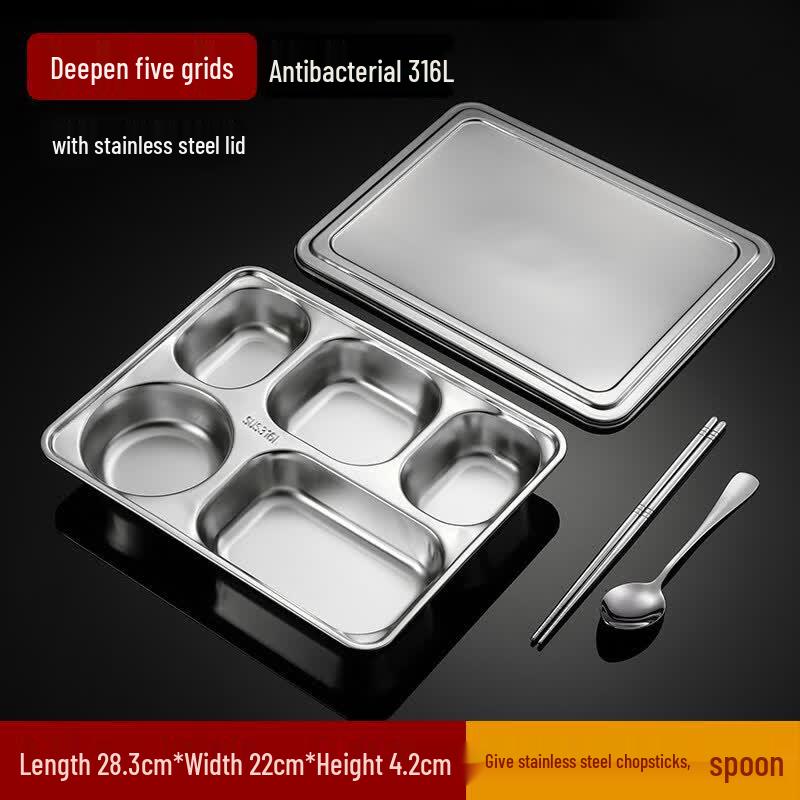 Zhebu 316L Stainless Steel 5-Compartment Lunch Tray with Lid