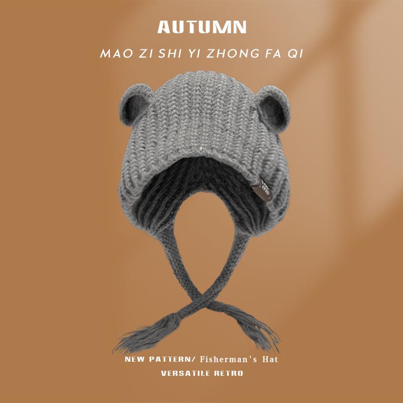 

Милая шапка с медвежьими ушками, женская осенне-зимняя теплая и универсальная шерстяная шапка в японском стиле, с защитой ушей, вязаная шапка-балаклава Лей Фэн one size