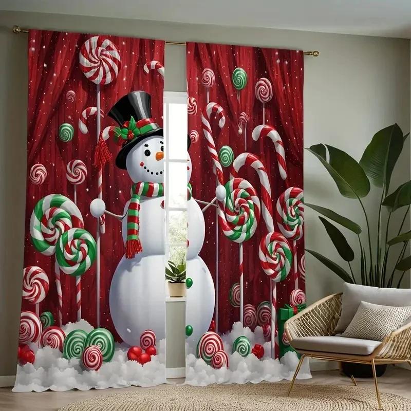3D 2pcs,Christmas Snowman,Red Cow Checkered Pattern With Rod Pocket Mount Digital Printed Curtains For Bedroom Living Room Kitch