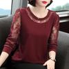 Long Sleeve Shirt Women Spring Loose Middle Age Mom Round Neck Base Layer Lace Blouse