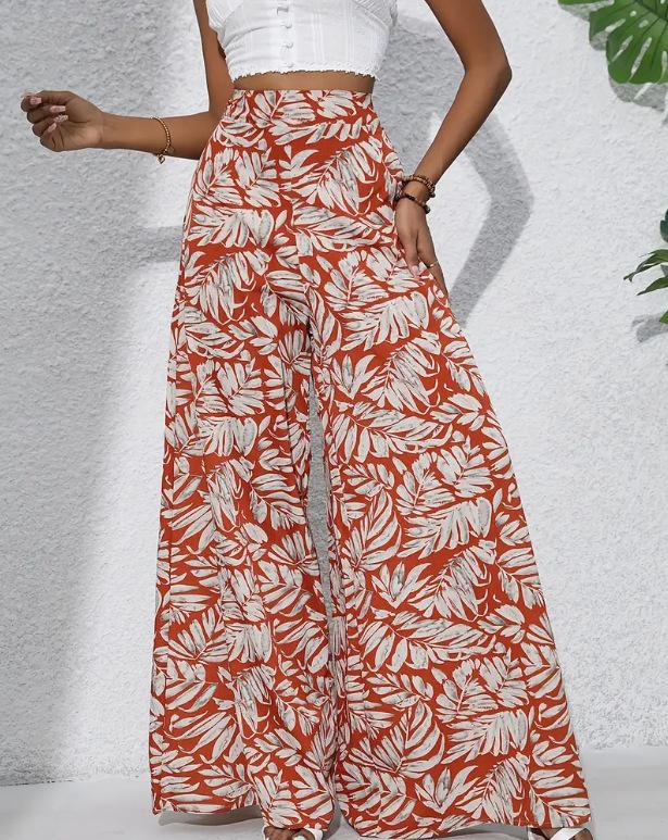 women's High Waist Leaf Printed Casual Wide Leg Pants Vacation Beach Trousers Bottoms