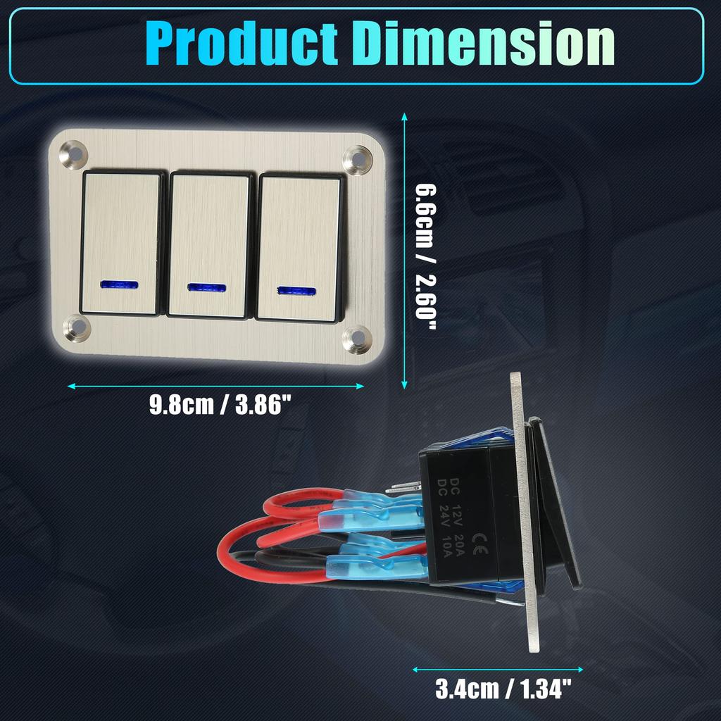 uxcell Rocker Switch Toggle Switch Waterproof Aluminum Alloy with Blue LED Light and Push Button for Gold Tone 3-Gang Panel, 5-Pin On/Off Pre-Wired