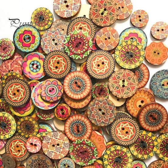 100Pcs Classic Vintage Flower Printed Wooden Button DIY Sewing Clothes Bag Decor