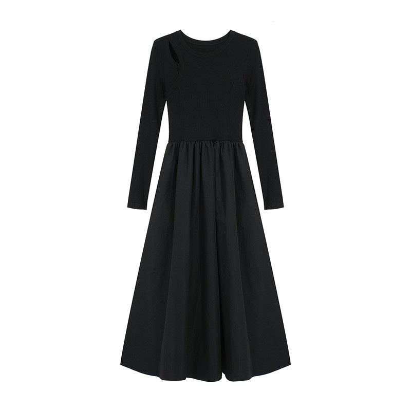Hepburn style hollow knitted long-sleeved dress women's spring and autumn new design sense niche temperament slim and thin long dress