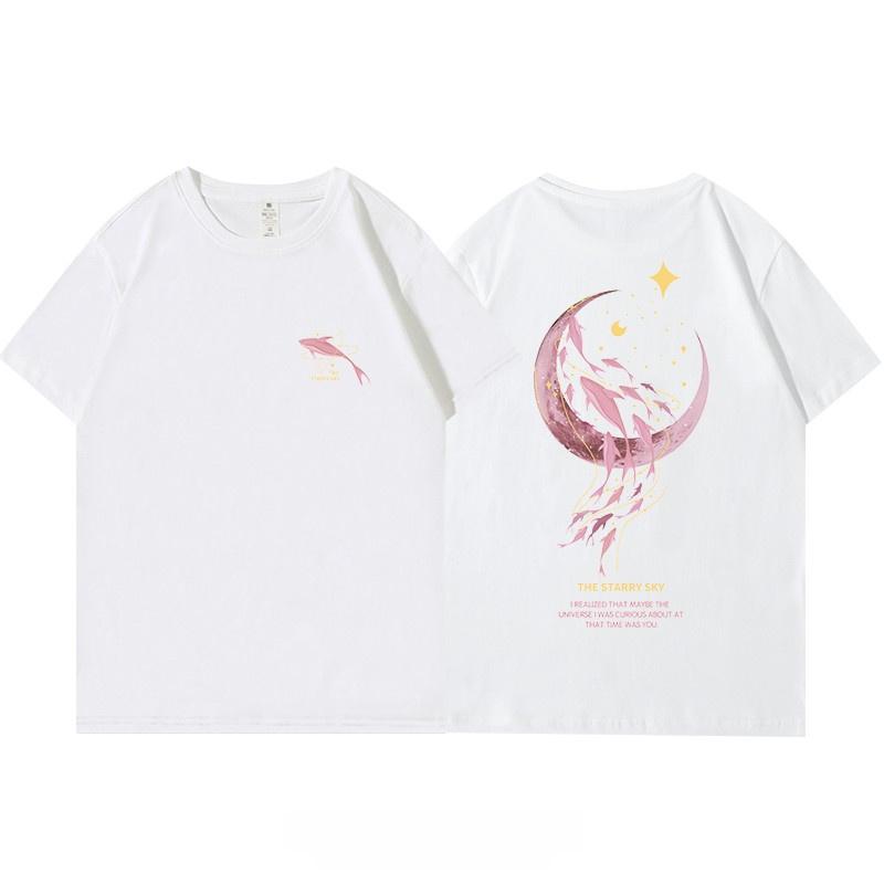 Plus Size Women's Oversize Cotton T-irt Front And Ba Print Loose Ort Sve Street Sle Cartoon We Print White Top