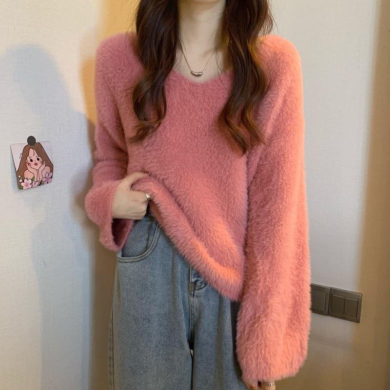 Women's Mid-Length V-Neck Faux Mink Fur Knit Sweater - Autumn/Winter Collection