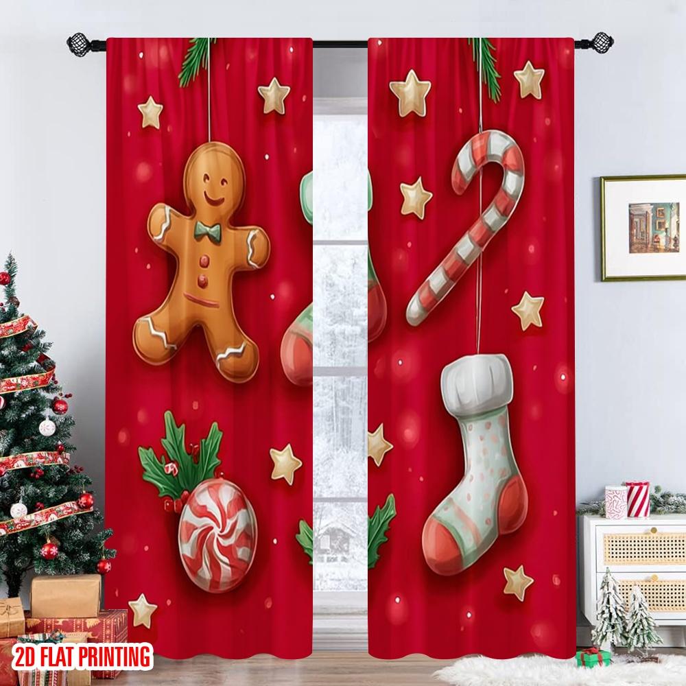Set aus 2 flach bedruckten, hochwertigen Weihnachtsvorhängen mit stilvollen Elementen, einschließlich Lebkuchen, digital bedrucktes Polyester