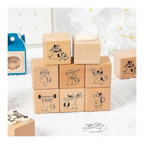 Set of 8 Wooden Stamps Stamp Set Cat Cat s Day Cat Stamp Cute Stamp Rubber Stamp for DIY Craft Photo Album Scrapbooking Notebook