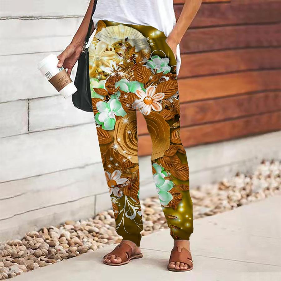 Women Flower Printing Pants Lace Up Elastic Waist Loose  Trousers Casual Long Pants Trousers with Pockets