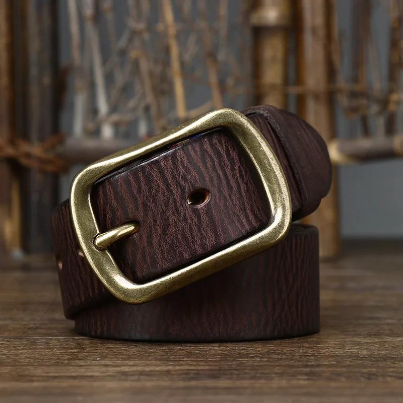 3.8 Wide Pure Cowhide Genuine Leather for Men's High Quality Jeans Brass Buckle Belts Cowboy Waistband Male Fashion Designer
