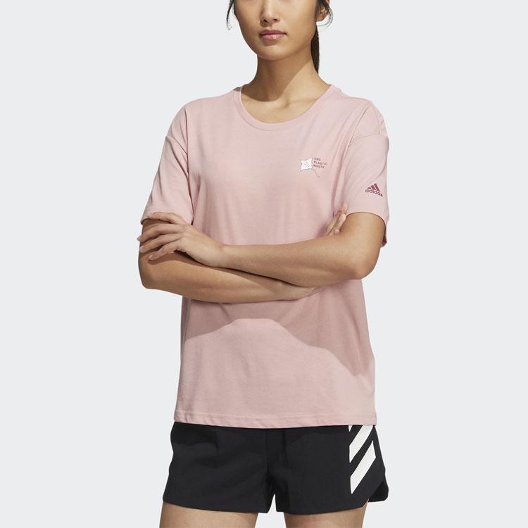 adidas Letter Logo Printed Round Neck Short Sleeve T-Shirt Women Tops Pink HE7340