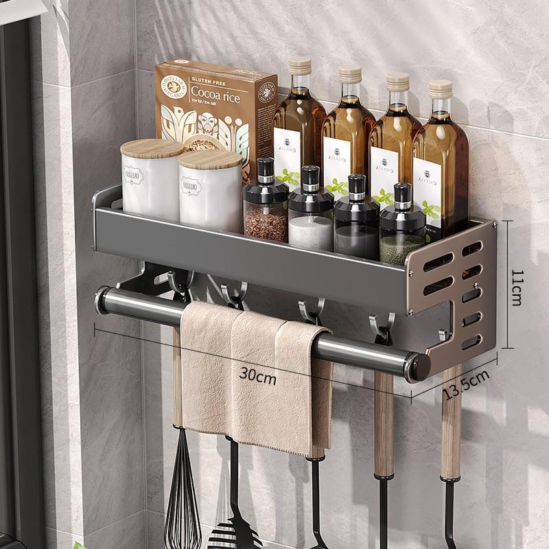 Wall Mount Utensil Holder Multifunctional Spice Organizer Shelf with Hooks Kitchen Hanging Storage Wall Shelf