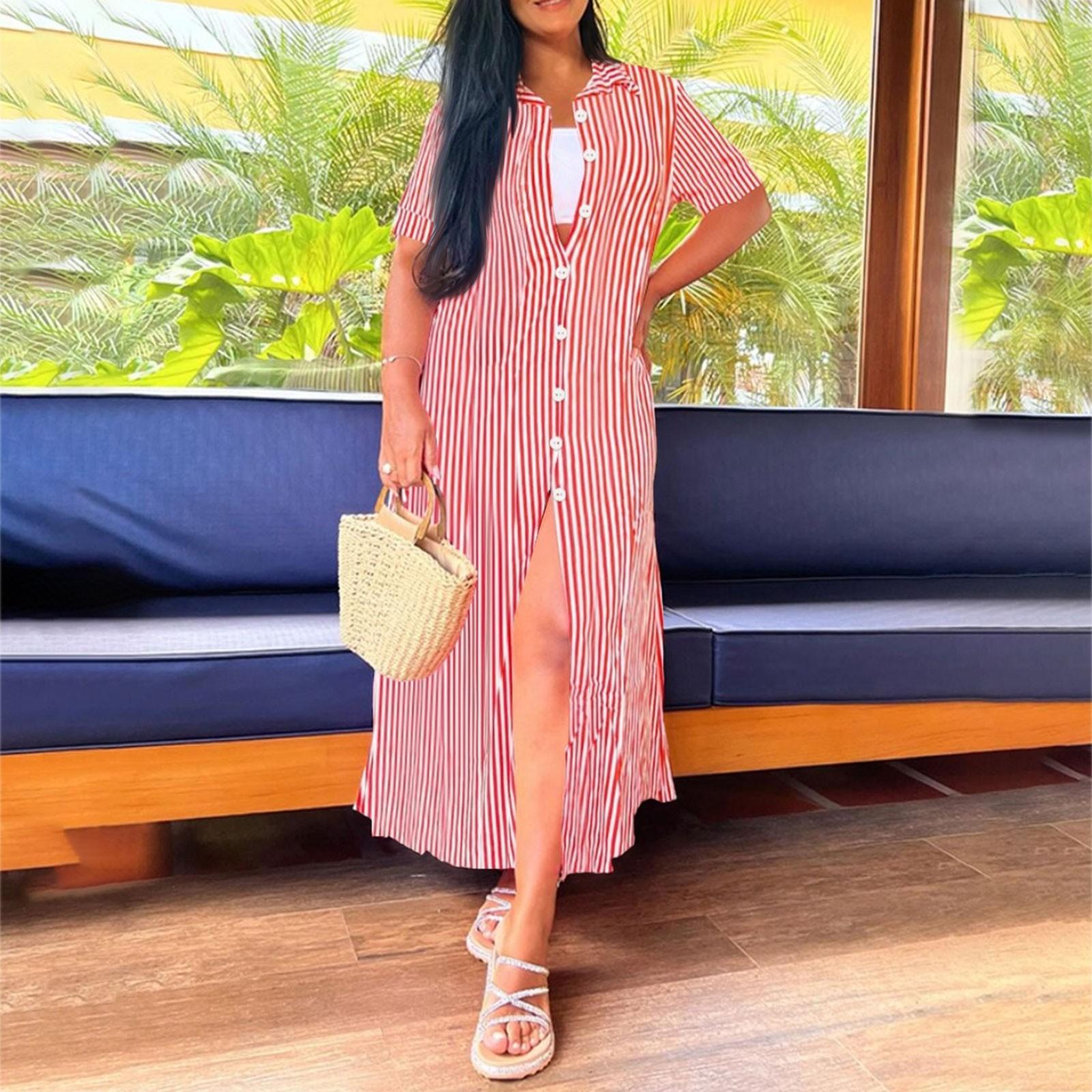 

Модное и повседневное женское платье с длинным полосатым принтом XL арбуз красный